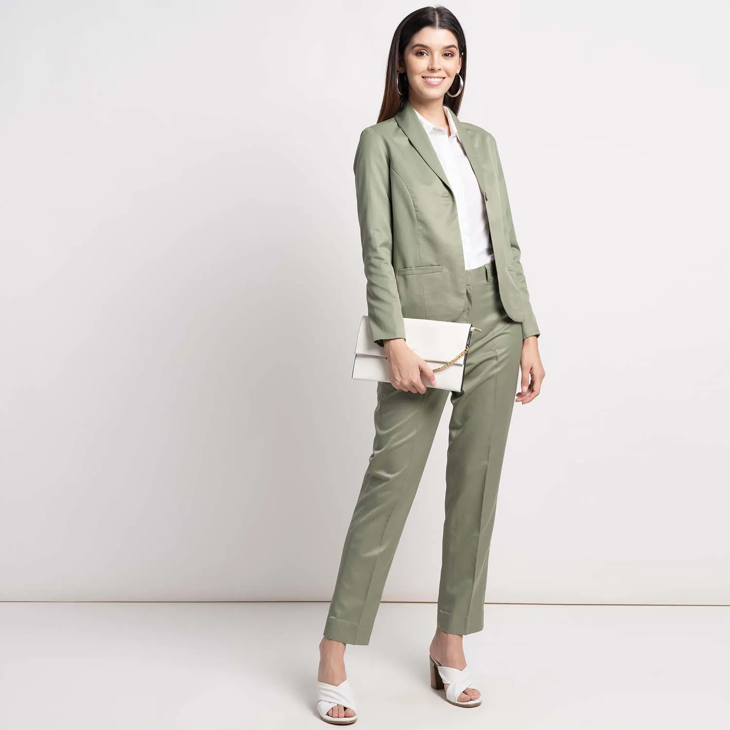 Business Formal Women's Sage Green Poly Cotton Pant Suit