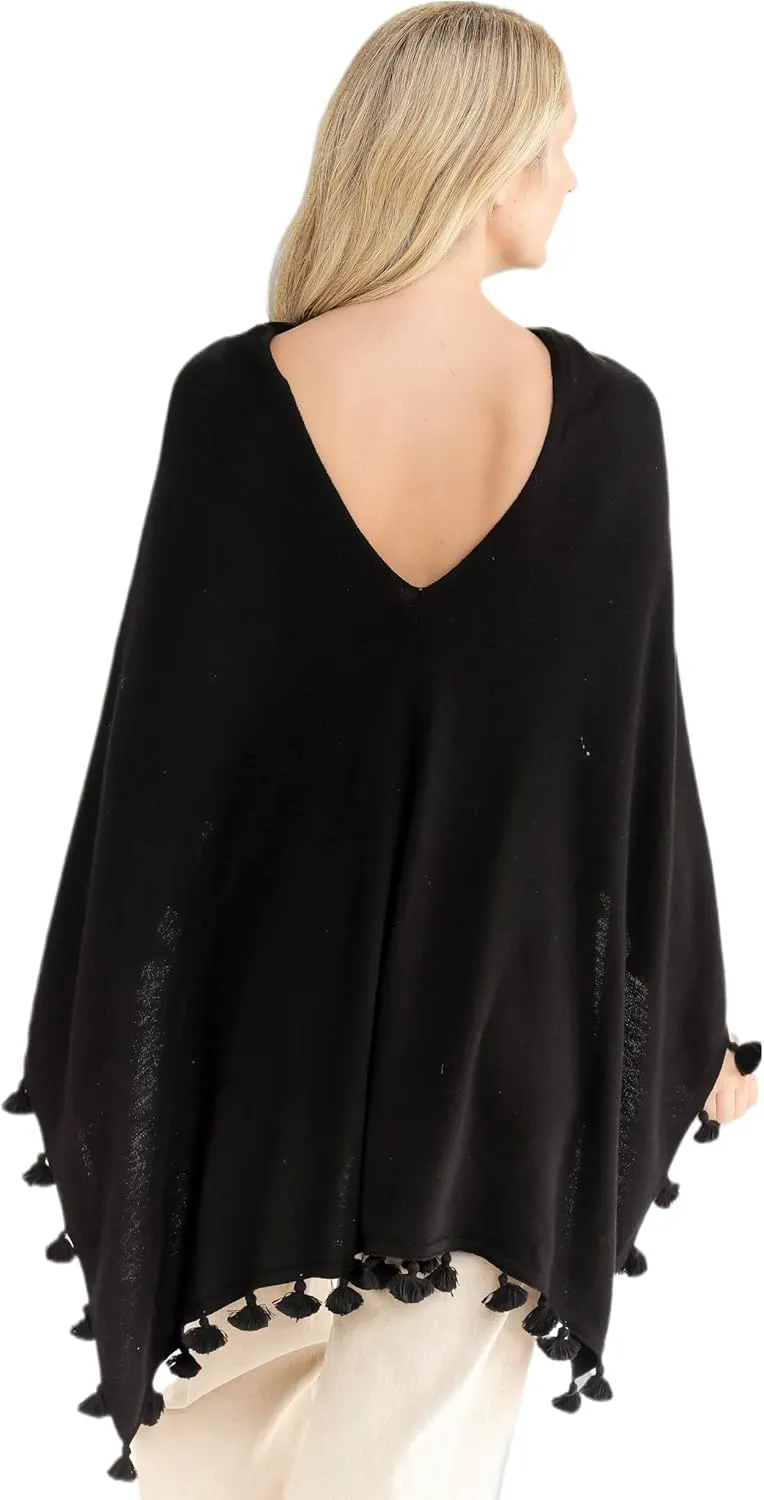 Caroline Grace by Alashan Cashmere Blend Tassel Trim Dress Luxe Topper Poncho -One Size -Lightweight, Soft,Cozy & Versatile