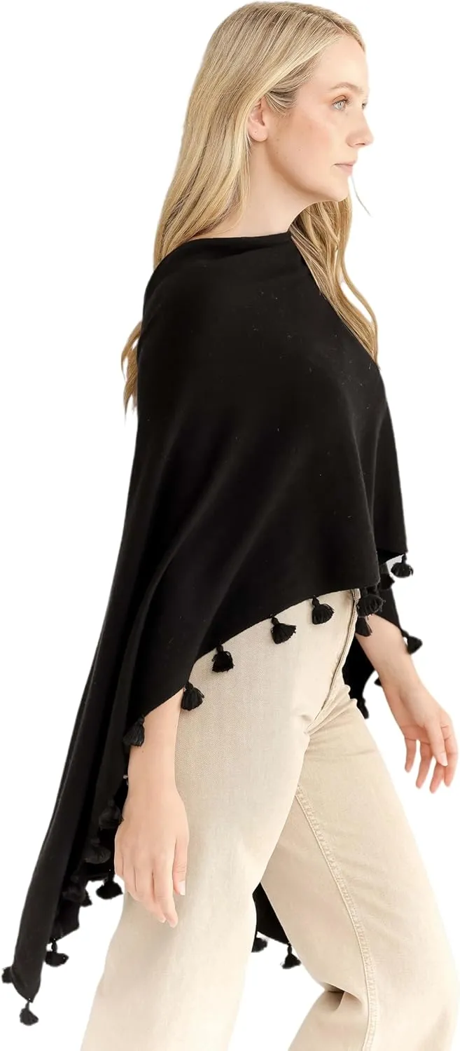 Caroline Grace by Alashan Cashmere Blend Tassel Trim Dress Luxe Topper Poncho -One Size -Lightweight, Soft,Cozy & Versatile