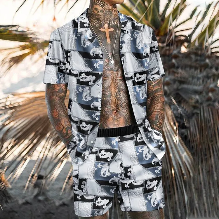 Casual Black and White Printed Holiday Polo Suit
