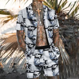 Casual Black and White Printed Holiday Polo Suit