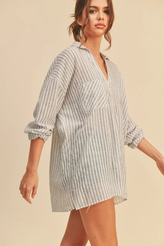 Chandler Long Sleeve Stripe Print Button Down Top Grey