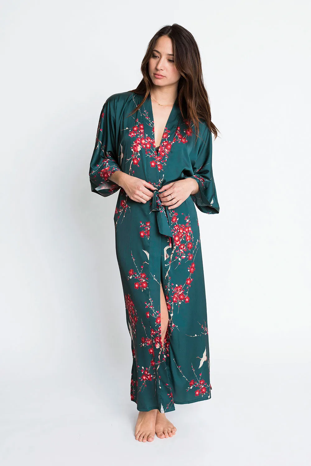 Cherry Blossom & Crane Long Kimono Robe