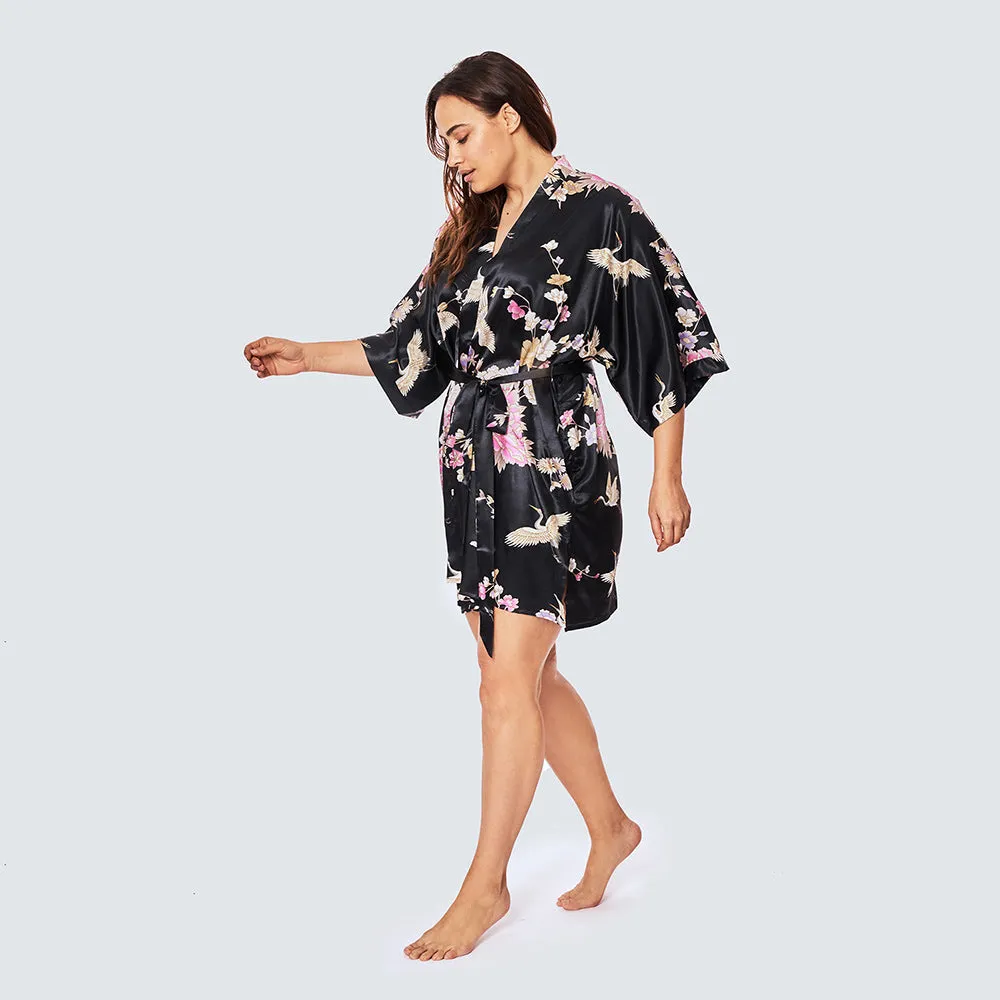 Chrysanthemum & Crane Short Kimono Robe (Plus Size)