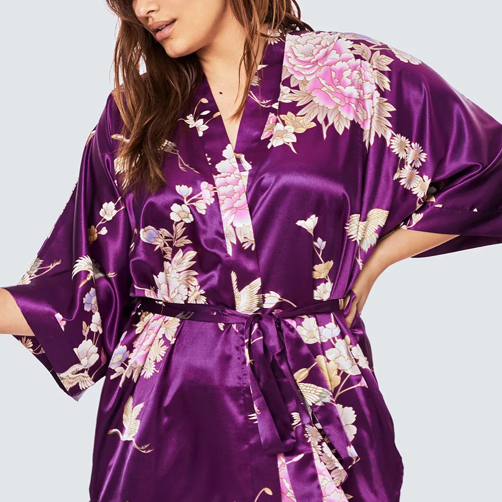 Chrysanthemum & Crane Short Kimono Robe (Plus Size)