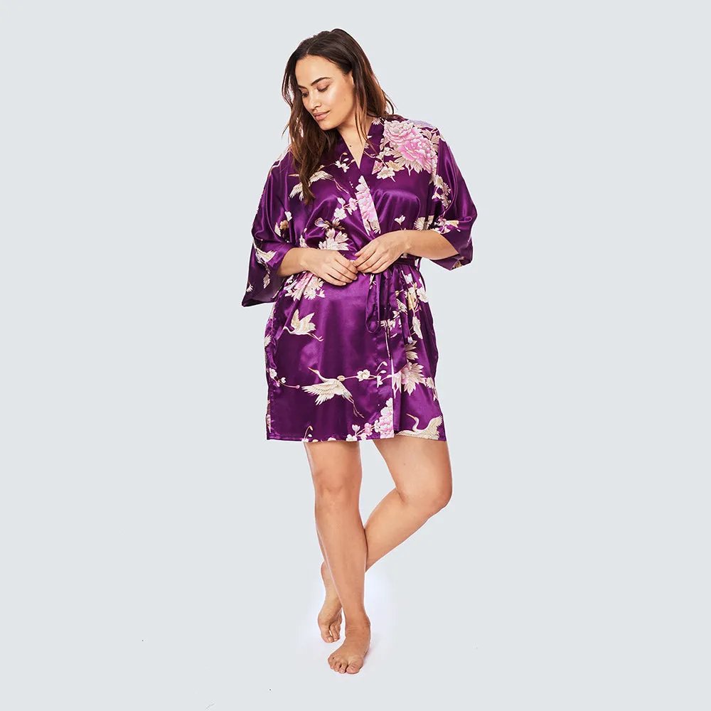 Chrysanthemum & Crane Short Kimono Robe (Plus Size)