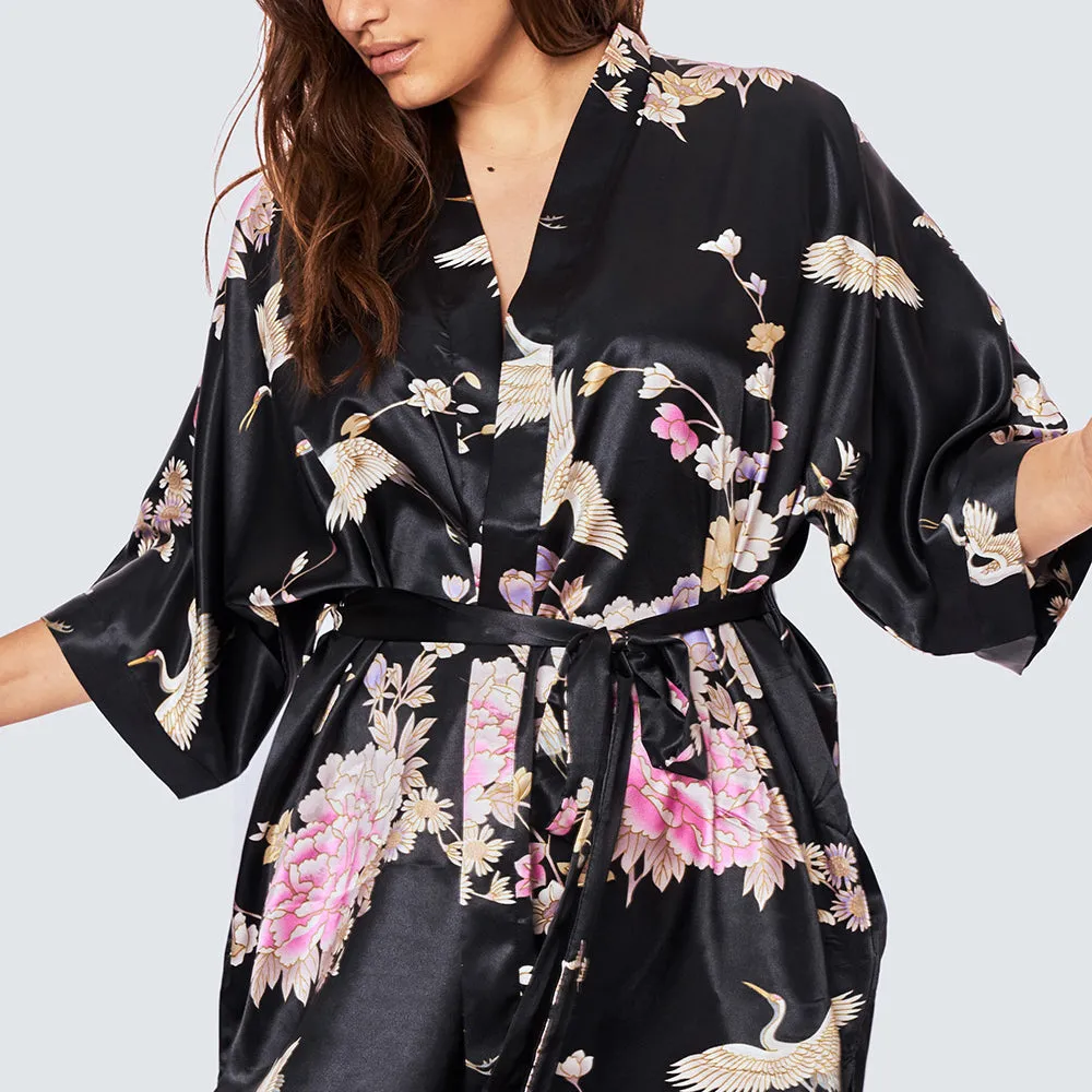Chrysanthemum & Crane Short Kimono Robe (Plus Size)
