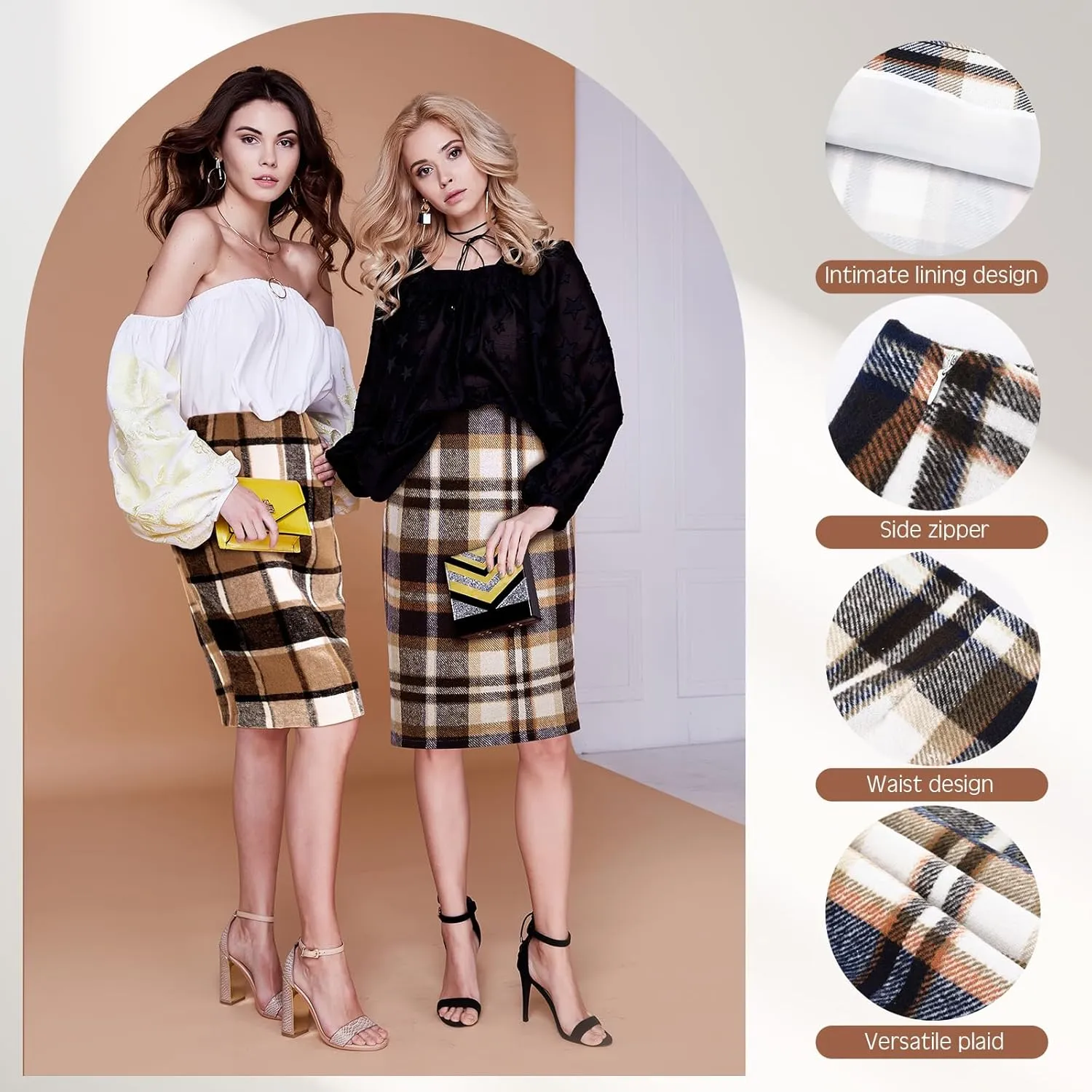 Coume 2 Pack Womens Wool Midi Plaid Skirts 2025 Fall Winter Pencil Knee Length High Waisted Bodycon Skirt with Slit