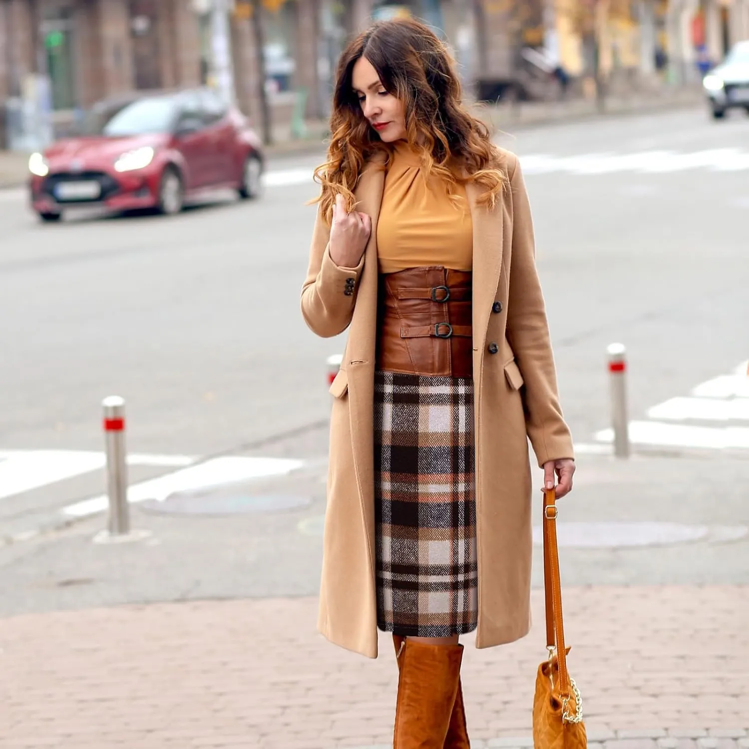 Coume 2 Pack Womens Wool Midi Plaid Skirts 2025 Fall Winter Pencil Knee Length High Waisted Bodycon Skirt with Slit