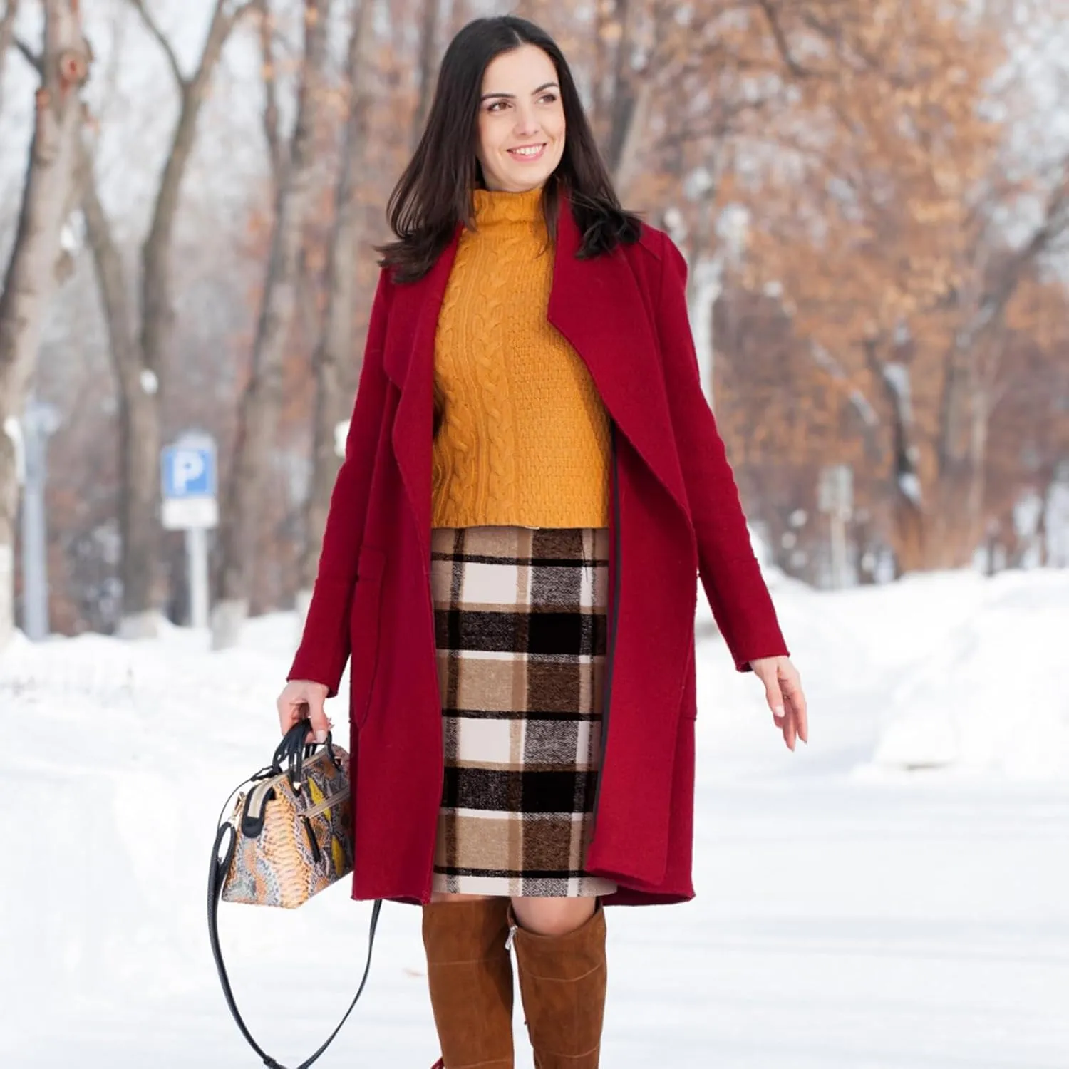 Coume 2 Pack Womens Wool Midi Plaid Skirts 2025 Fall Winter Pencil Knee Length High Waisted Bodycon Skirt with Slit