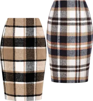 Coume 2 Pack Womens Wool Midi Plaid Skirts 2025 Fall Winter Pencil Knee Length High Waisted Bodycon Skirt with Slit