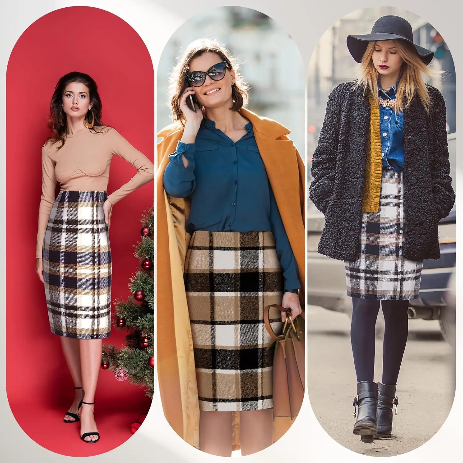 Coume 2 Pack Womens Wool Midi Plaid Skirts 2025 Fall Winter Pencil Knee Length High Waisted Bodycon Skirt with Slit