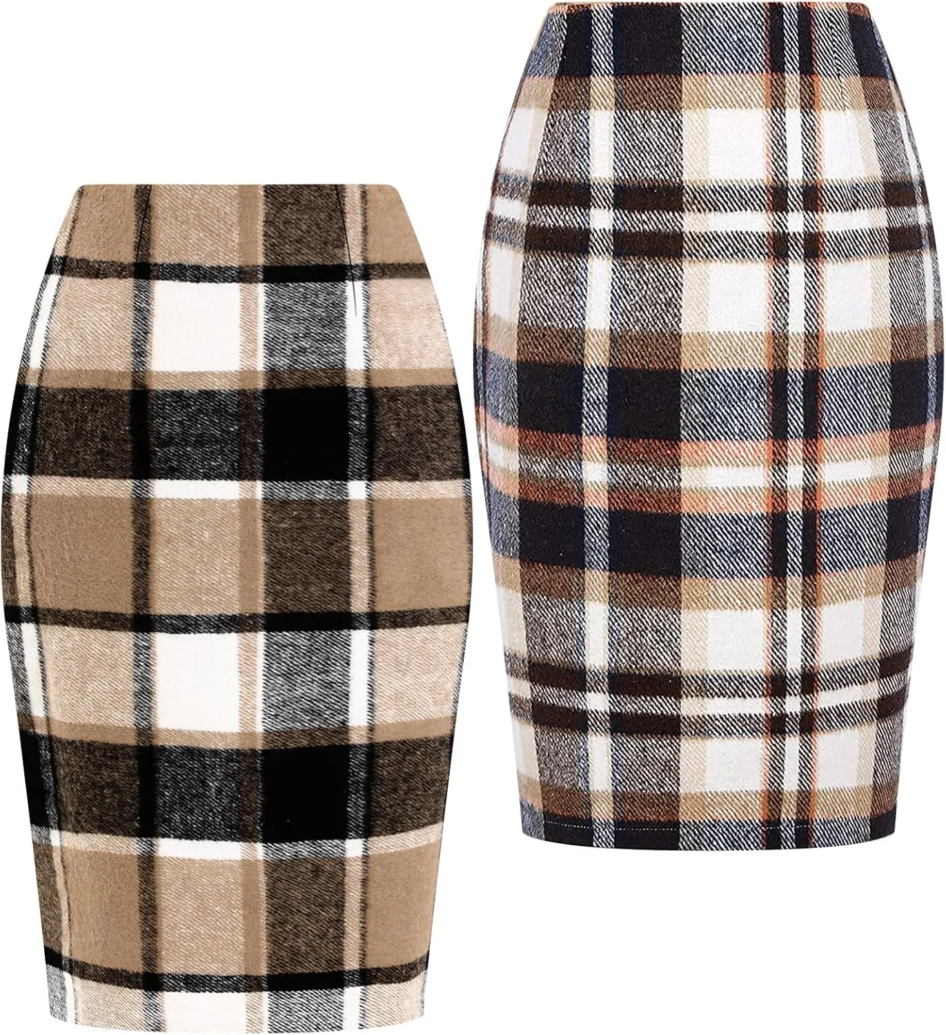 Coume 2 Pack Womens Wool Midi Plaid Skirts 2025 Fall Winter Pencil Knee Length High Waisted Bodycon Skirt with Slit