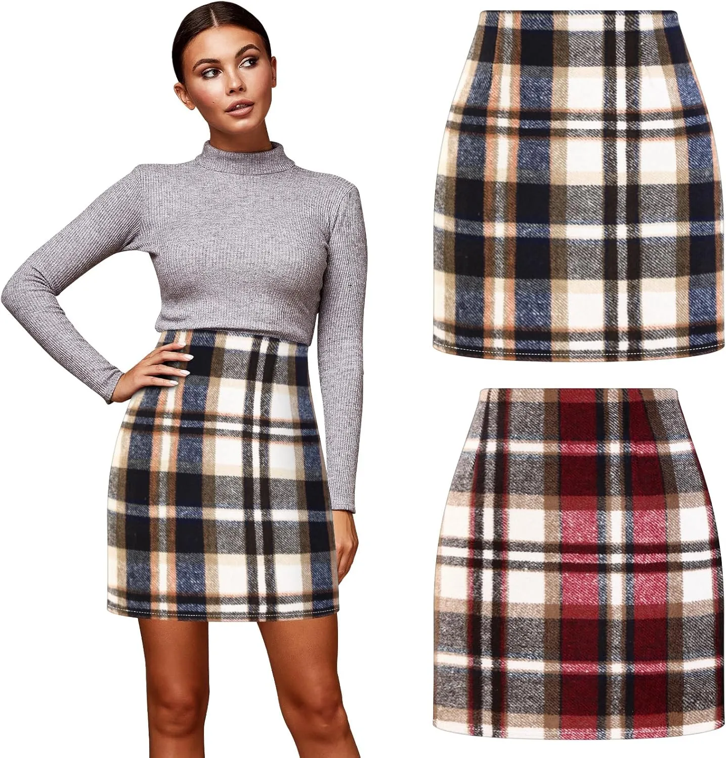 Coume 2 Pack Womens Wool Plaid Mini Skirts Spring Winter High Waisted Pencil Bodycon Skirt 2025 Trendy