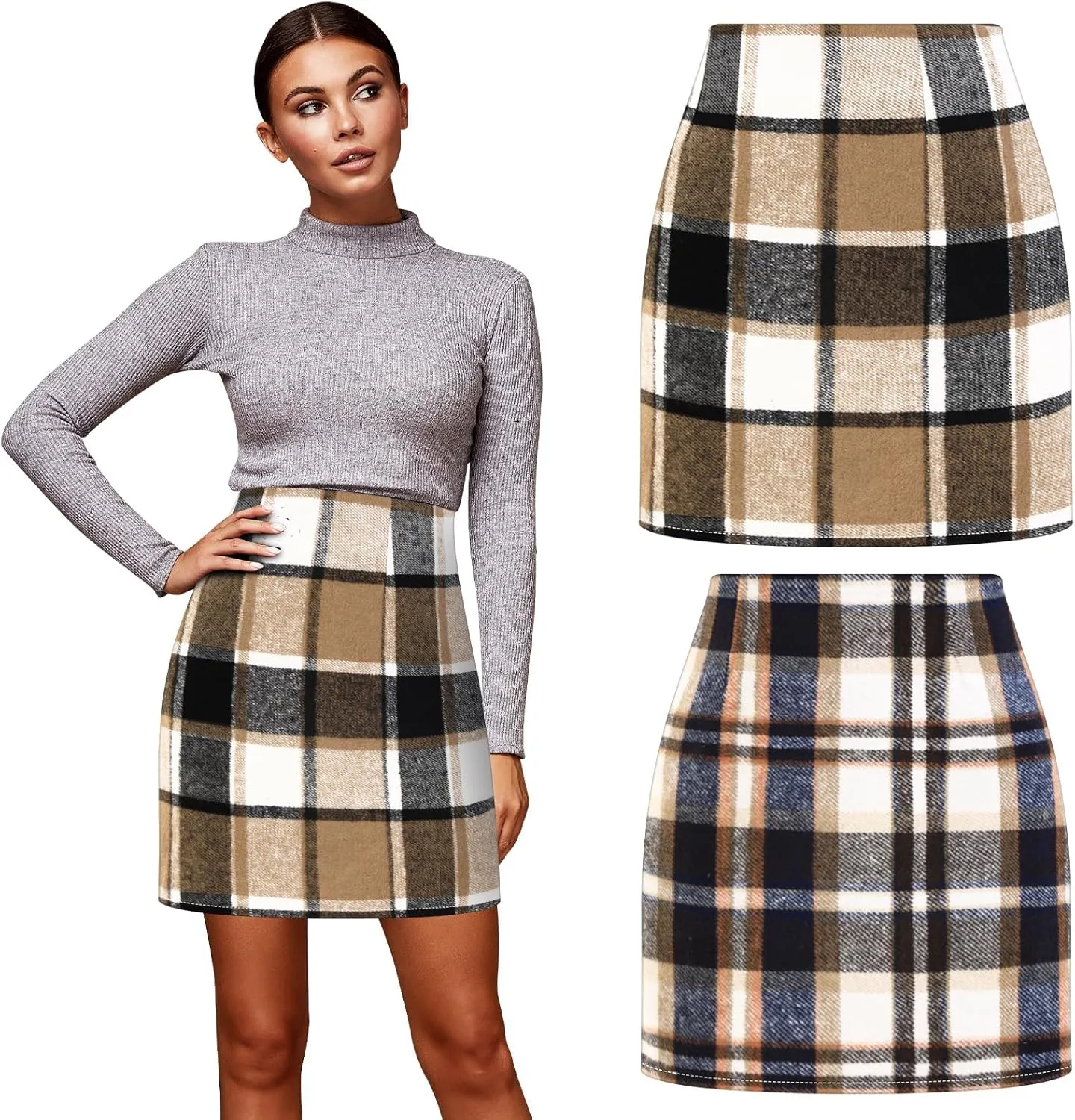 Coume 2 Pack Womens Wool Plaid Mini Skirts Spring Winter High Waisted Pencil Bodycon Skirt 2025 Trendy