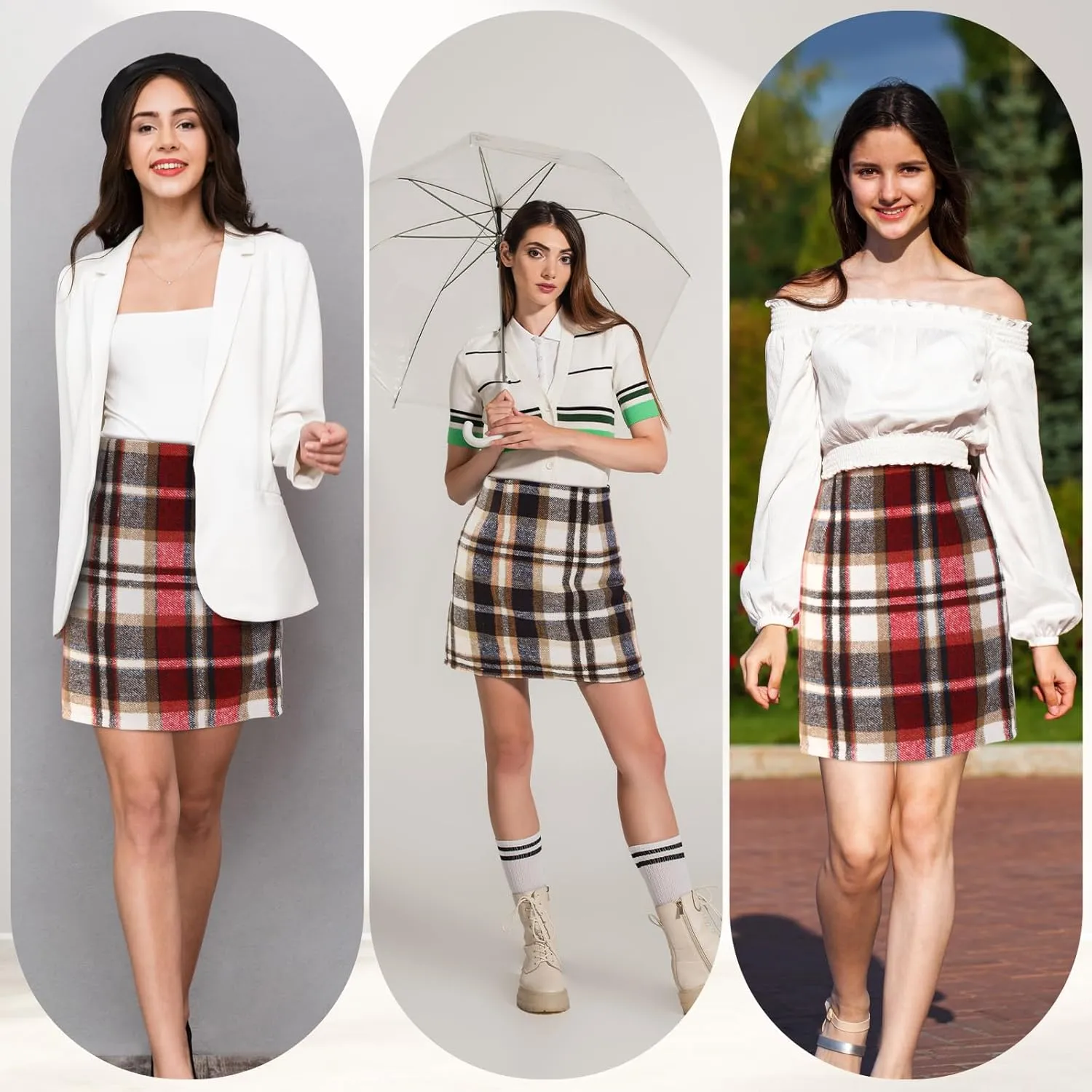 Coume 2 Pack Womens Wool Plaid Mini Skirts Spring Winter High Waisted Pencil Bodycon Skirt 2025 Trendy