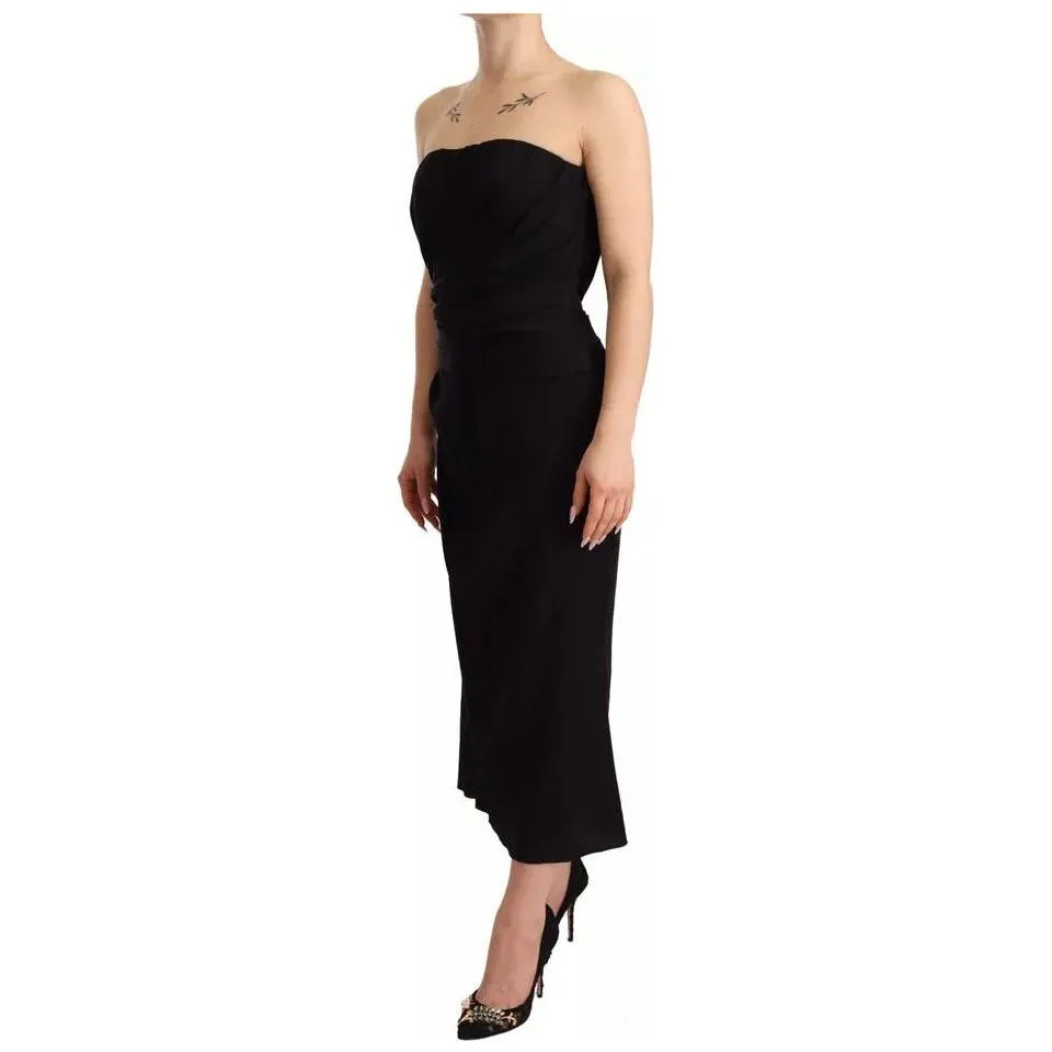 Dolce & Gabbana Black Silk Stretch Strapless Sheath Midi Dress