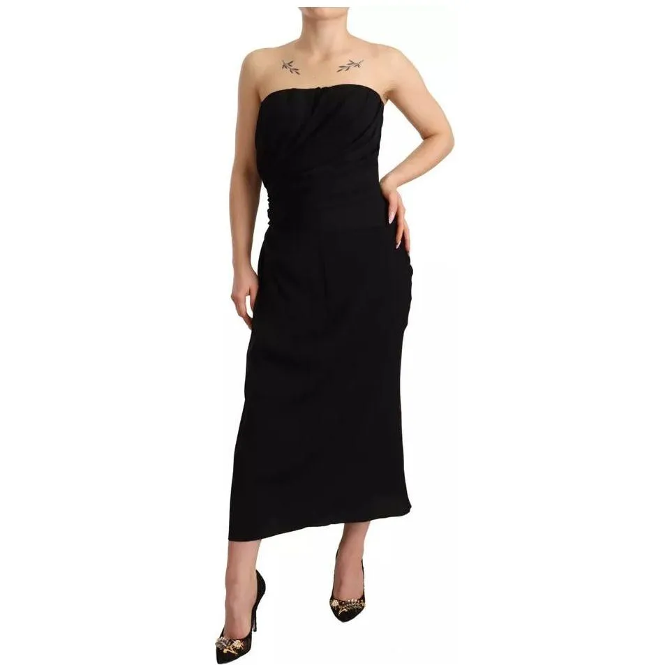 Dolce & Gabbana Black Silk Stretch Strapless Sheath Midi Dress