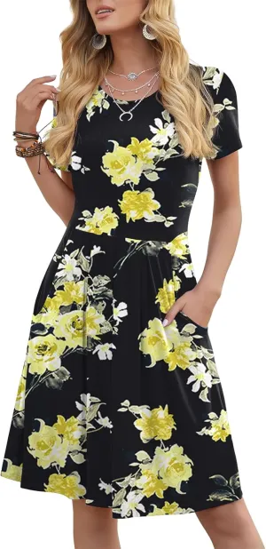 DouBCQ Women's Casual Flowy Pleated Loose Dresses with Pockets