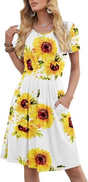 DouBCQ Women's Casual Flowy Pleated Loose Dresses with Pockets
