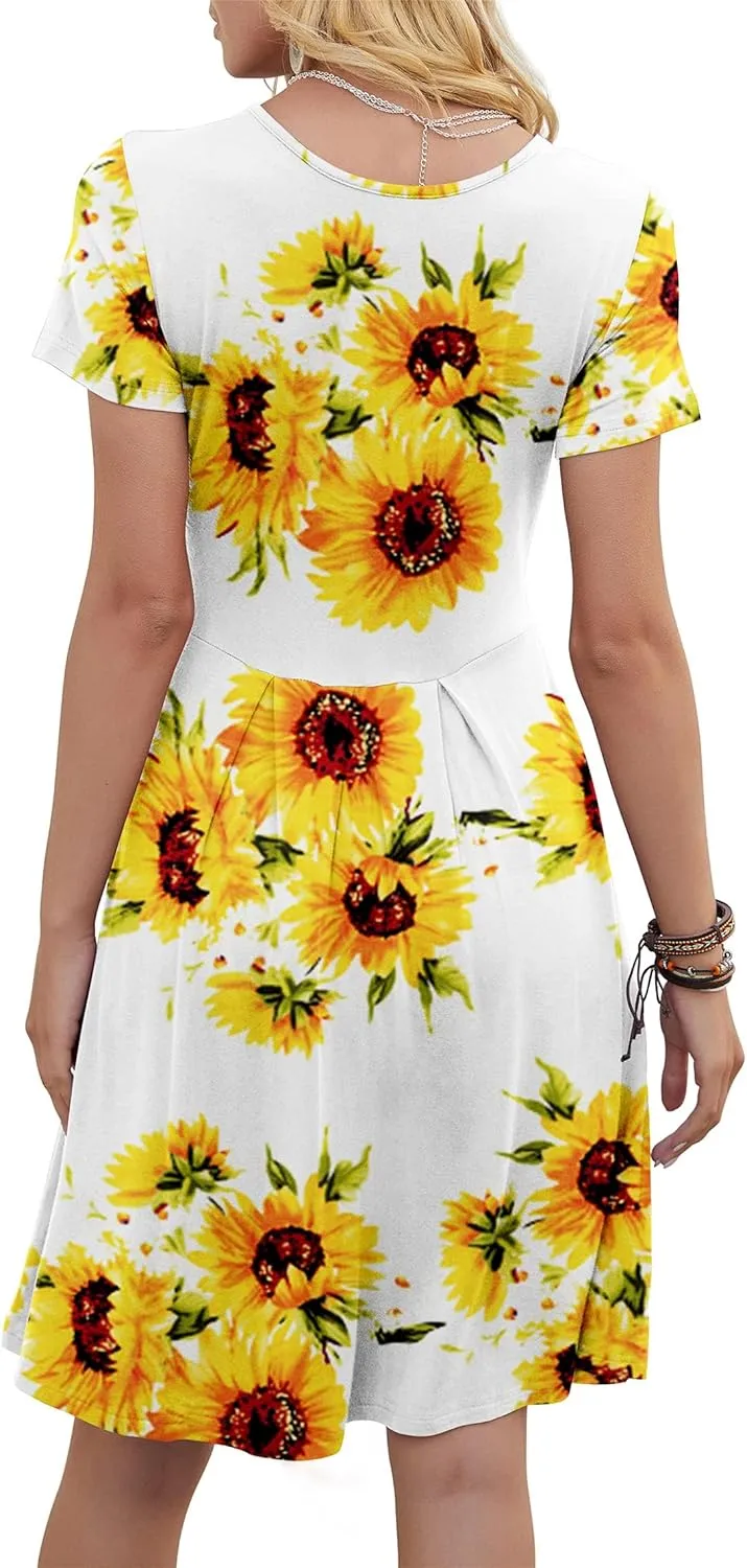 DouBCQ Women's Casual Flowy Pleated Loose Dresses with Pockets