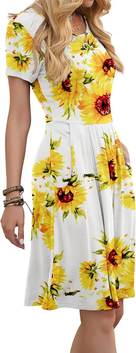 DouBCQ Women's Casual Flowy Pleated Loose Dresses with Pockets