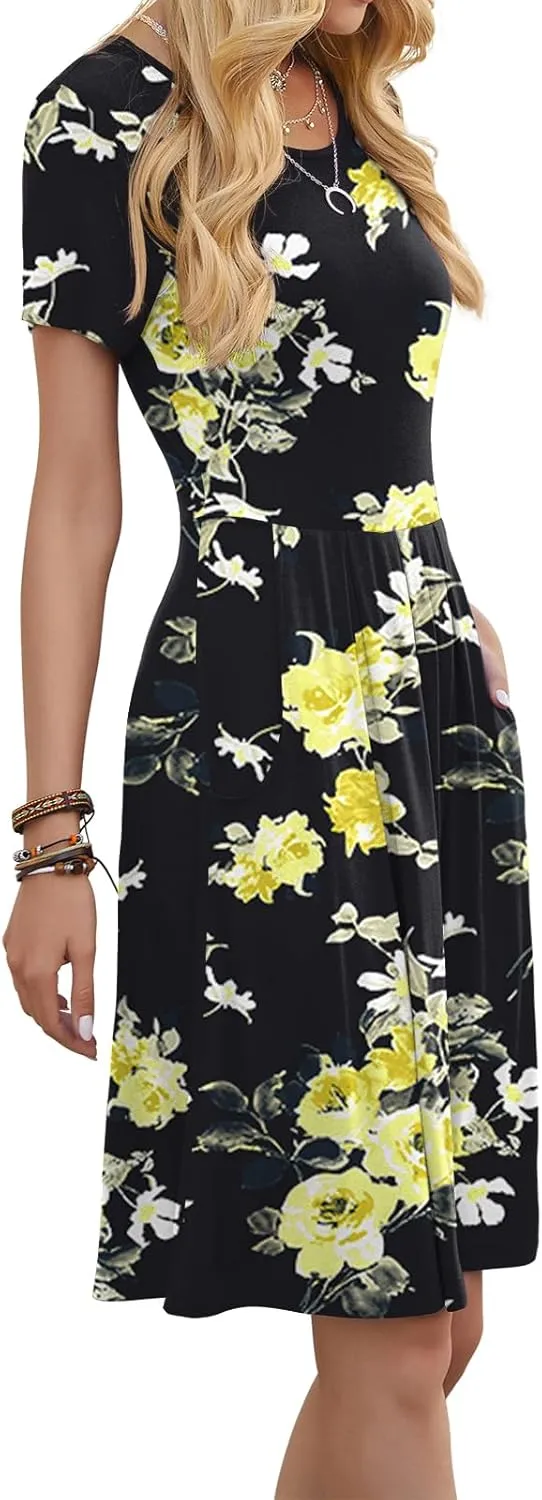 DouBCQ Women's Casual Flowy Pleated Loose Dresses with Pockets