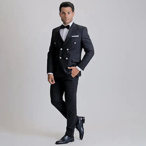 Double breasted dark blue suit with white buttons