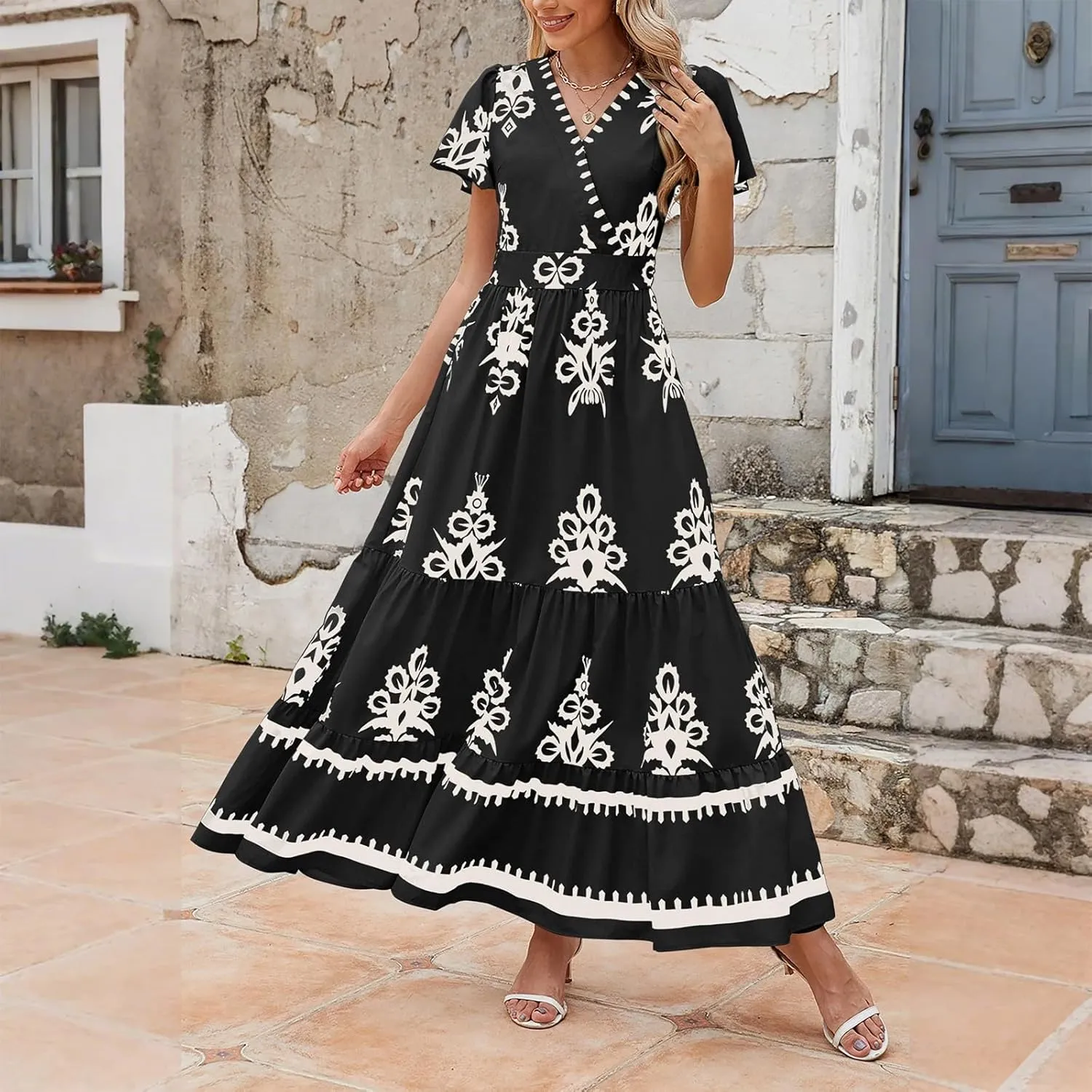 Dresses for Women Summer Casual V Neck Boho Maxi Dress Flowy Aline Bell Sleeve Tiered Floral Dresses with Pocket