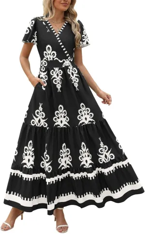 Dresses for Women Summer Casual V Neck Boho Maxi Dress Flowy Aline Bell Sleeve Tiered Floral Dresses with Pocket
