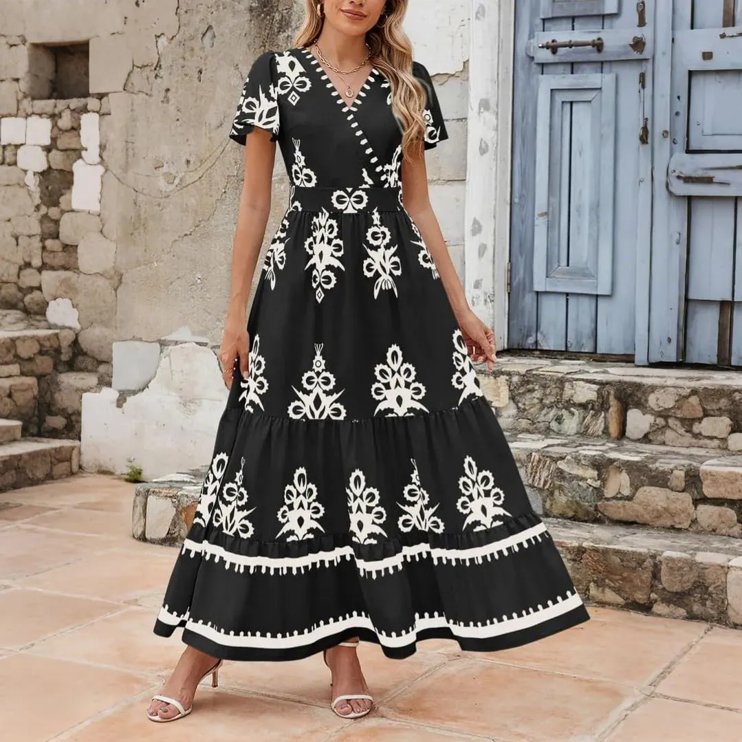 Dresses for Women Summer Casual V Neck Boho Maxi Dress Flowy Aline Bell Sleeve Tiered Floral Dresses with Pocket