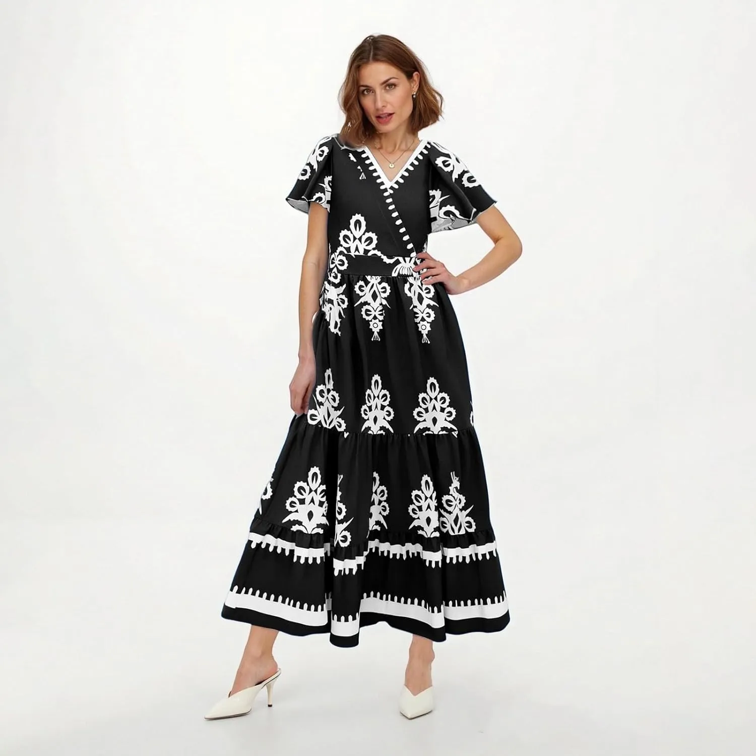 Dresses for Women Summer Casual V Neck Boho Maxi Dress Flowy Aline Bell Sleeve Tiered Floral Dresses with Pocket
