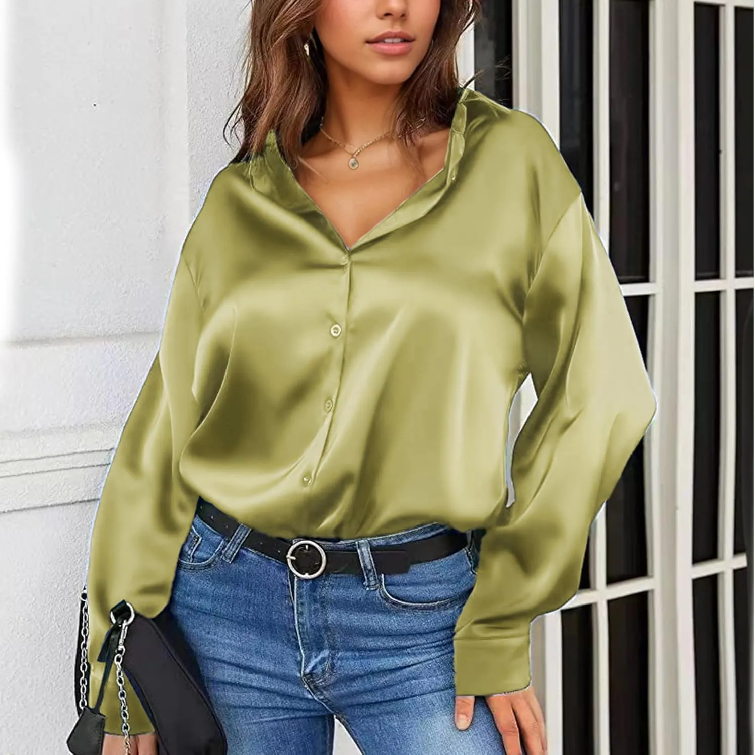 Eabel.C Women's Satin Silk V Neck Button Down Shirts Long Sleeve Casual Business Shirt Dress Blouses