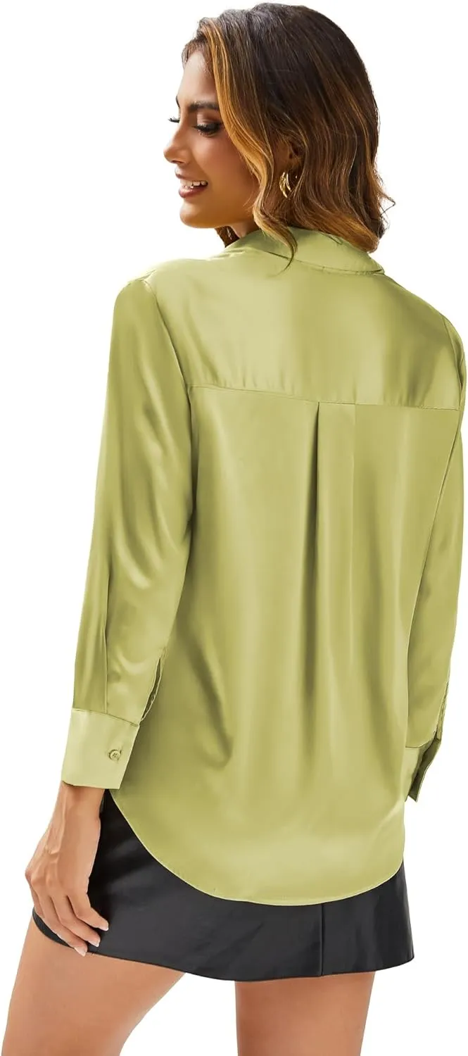 Eabel.C Women's Satin Silk V Neck Button Down Shirts Long Sleeve Casual Business Shirt Dress Blouses