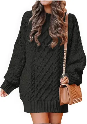 ebossy Women's Oversized Cable Knit Sweater Dress Fall Crewneck Batwing Sleeve Baggy Loose Pullover Tops