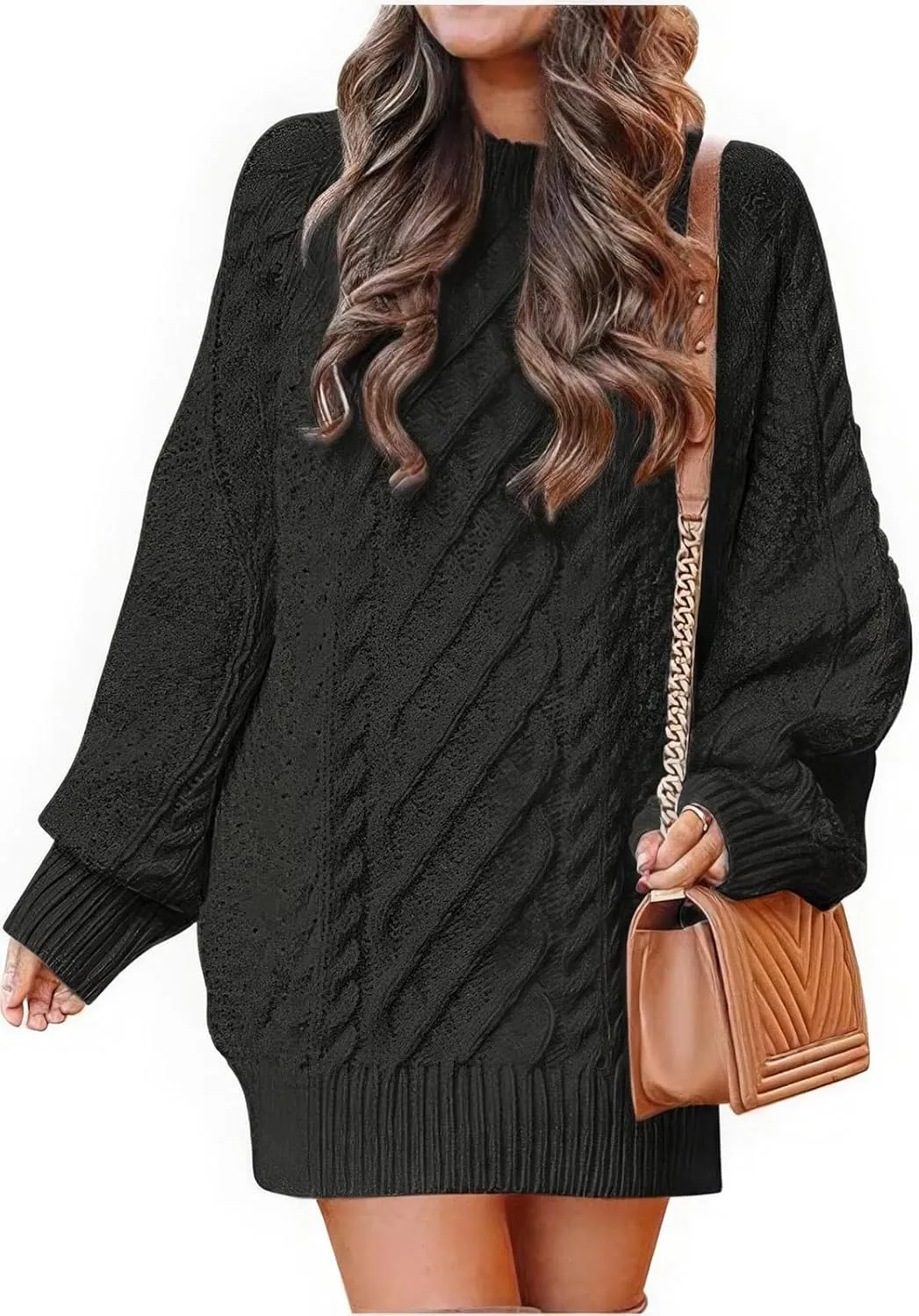 ebossy Women's Oversized Cable Knit Sweater Dress Fall Crewneck Batwing Sleeve Baggy Loose Pullover Tops