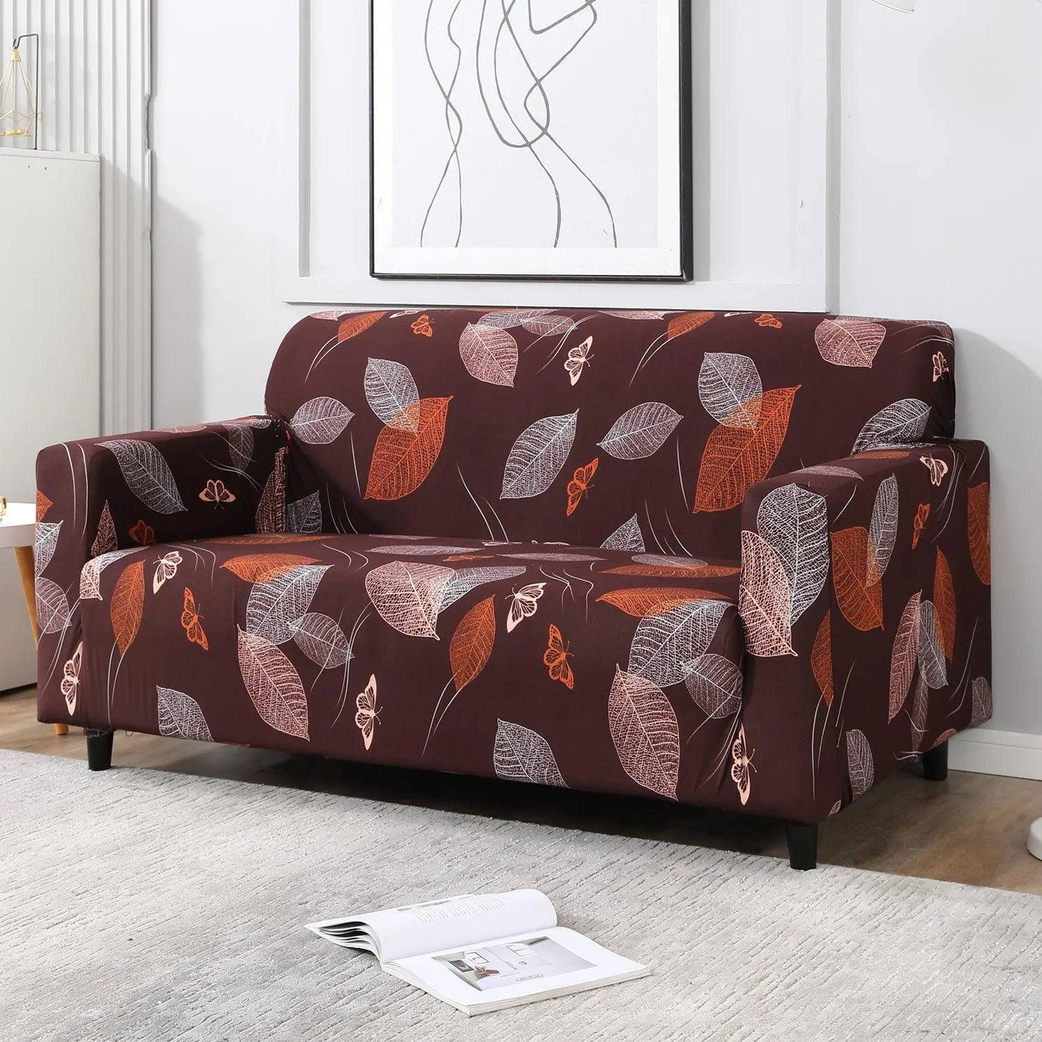 Elastic Stretchable Printed Sofa Cover, Dark Brown Leaf