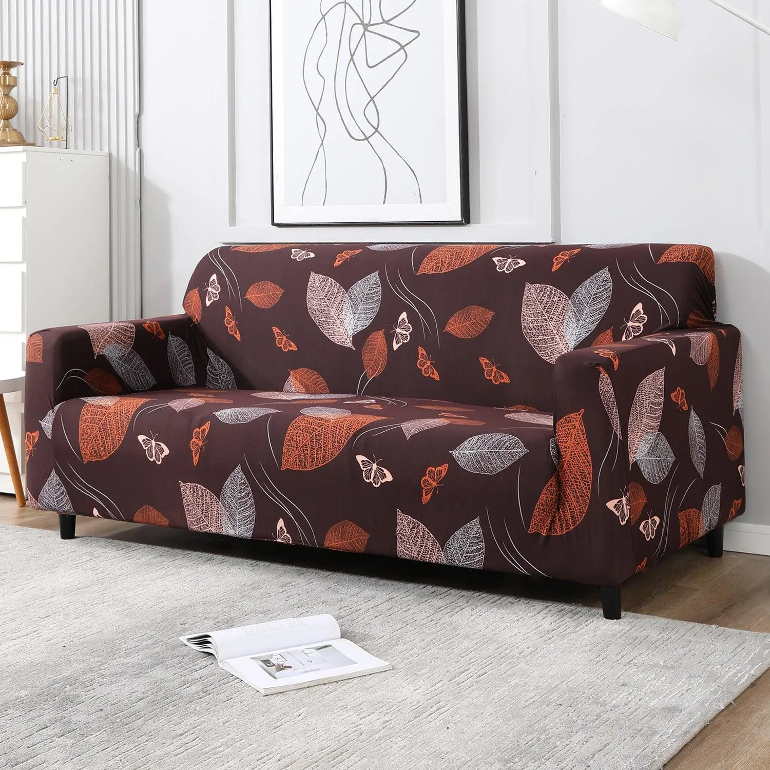 Elastic Stretchable Printed Sofa Cover, Dark Brown Leaf