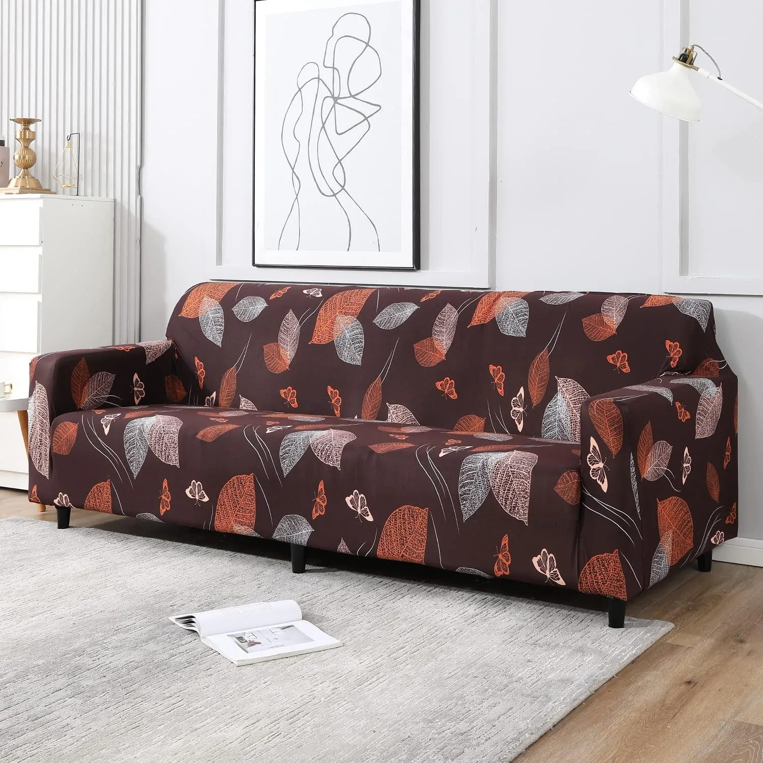 Elastic Stretchable Printed Sofa Cover, Dark Brown Leaf