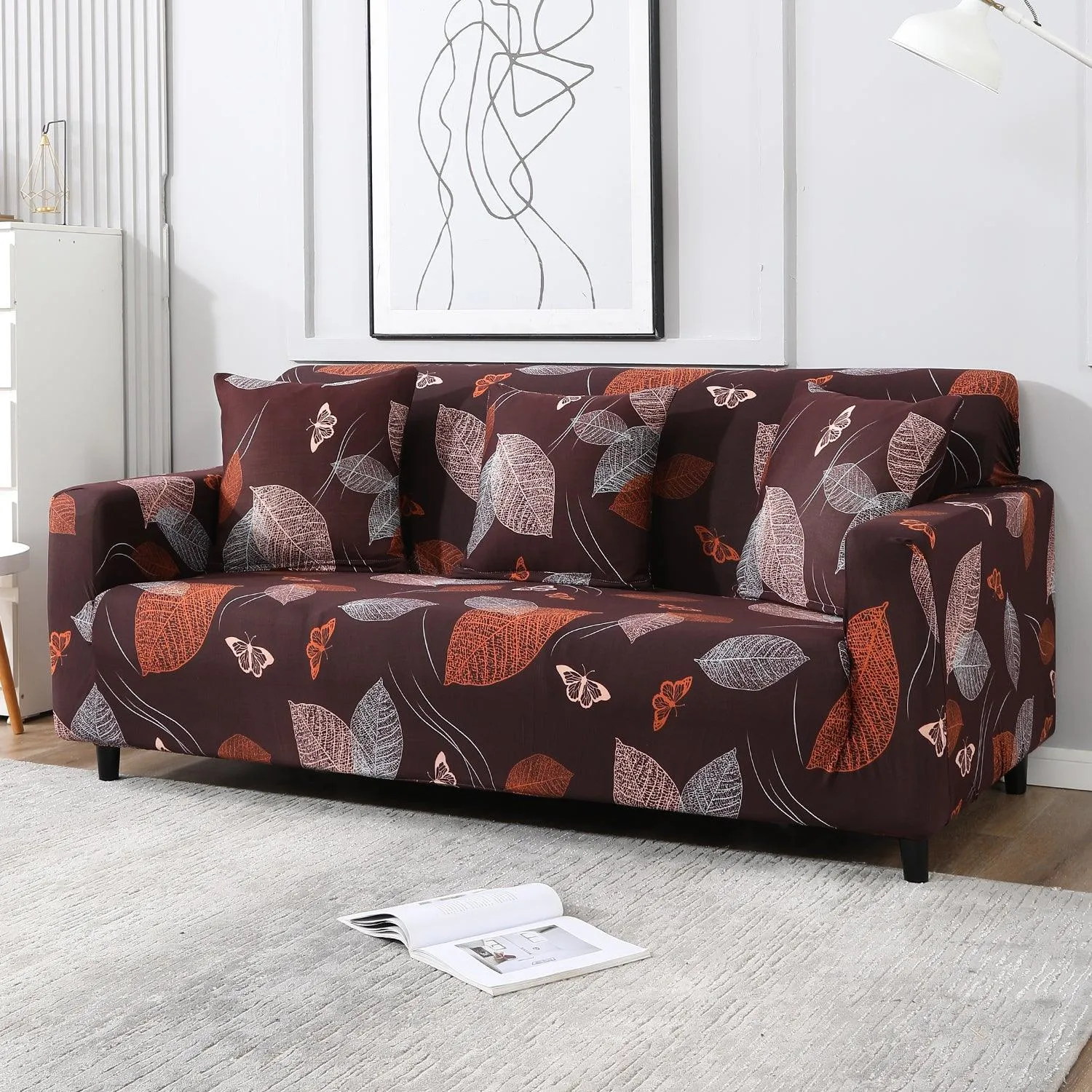 Elastic Stretchable Printed Sofa Cover, Dark Brown Leaf