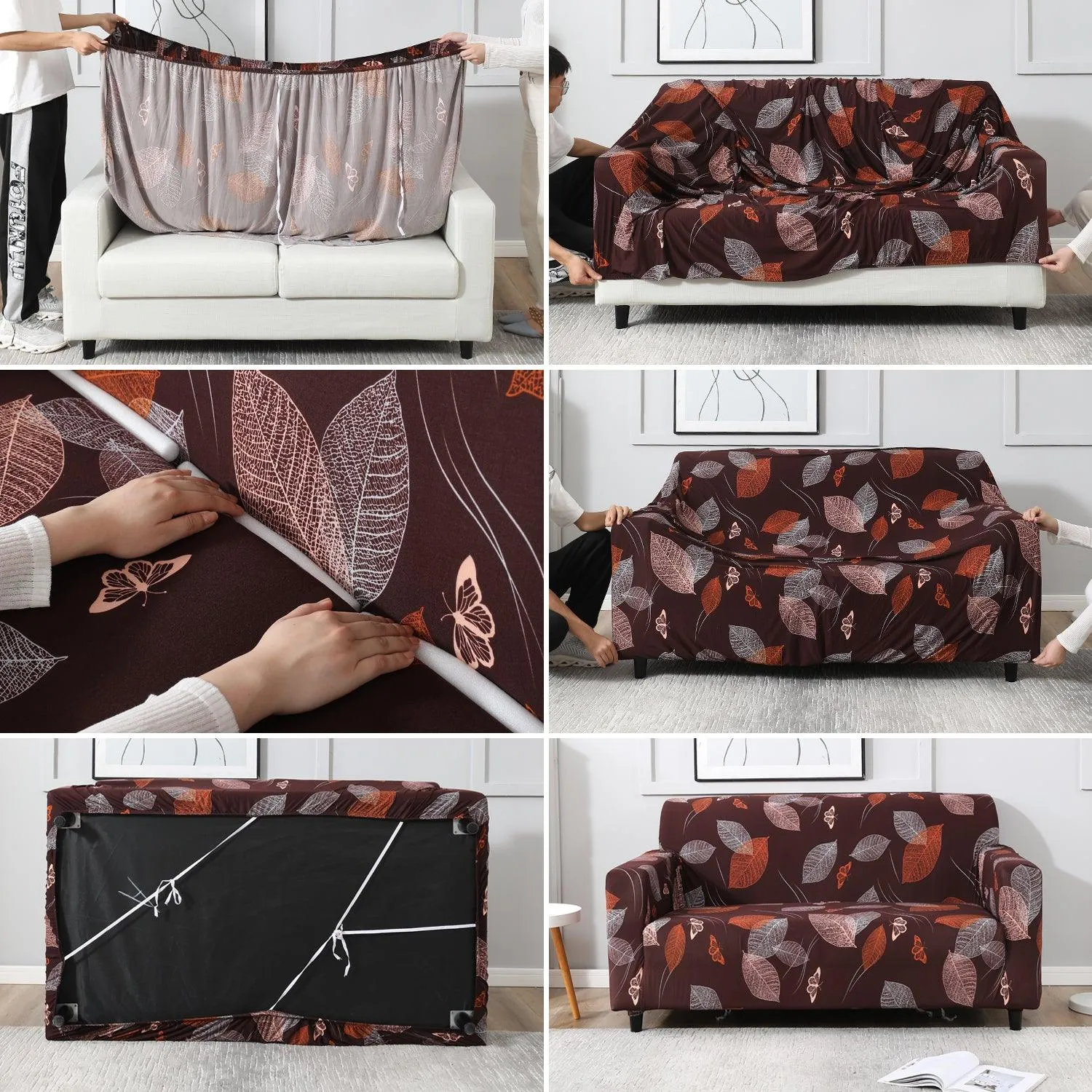 Elastic Stretchable Printed Sofa Cover, Dark Brown Leaf