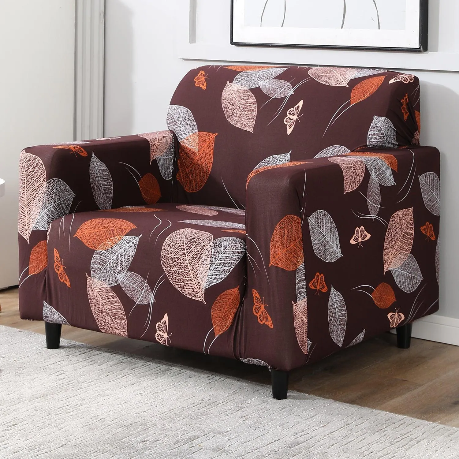 Elastic Stretchable Printed Sofa Cover, Dark Brown Leaf