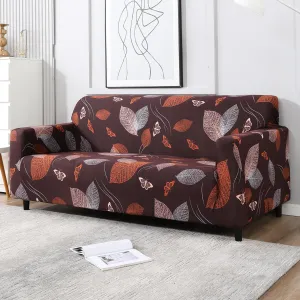 Elastic Stretchable Printed Sofa Cover, Dark Brown Leaf