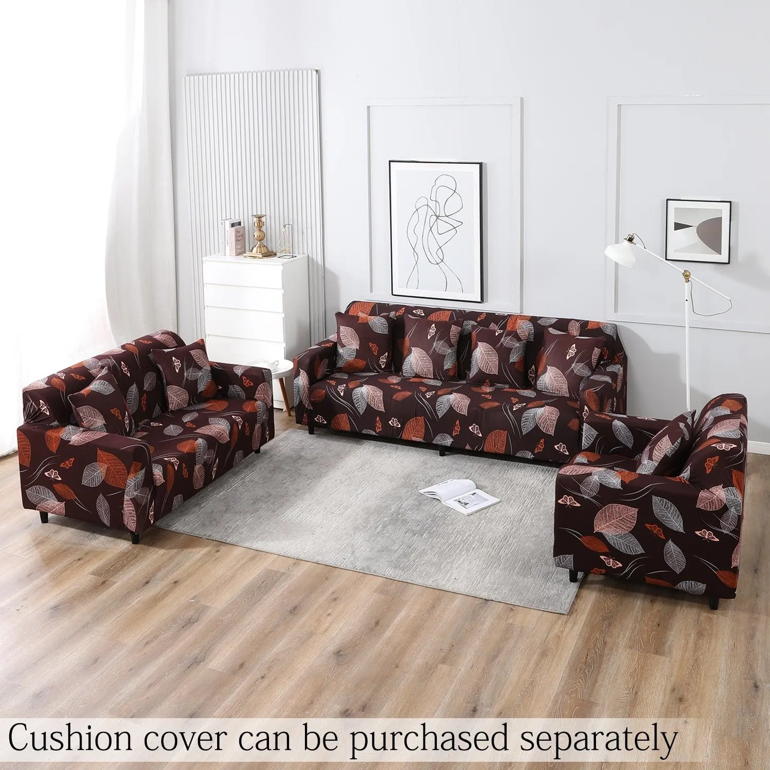 Elastic Stretchable Printed Sofa Cover, Dark Brown Leaf