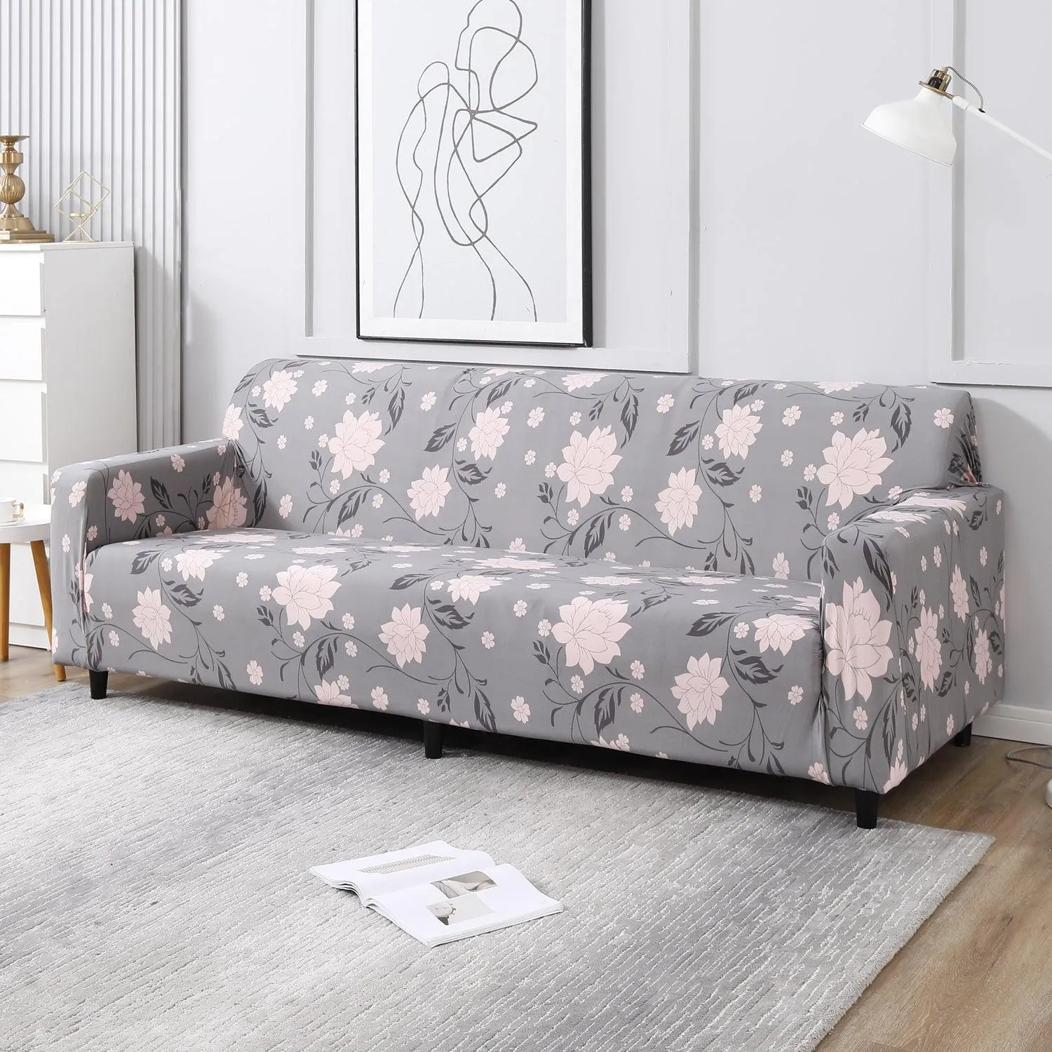 Elastic Stretchable Printed Sofa Cover, Grey Dahila