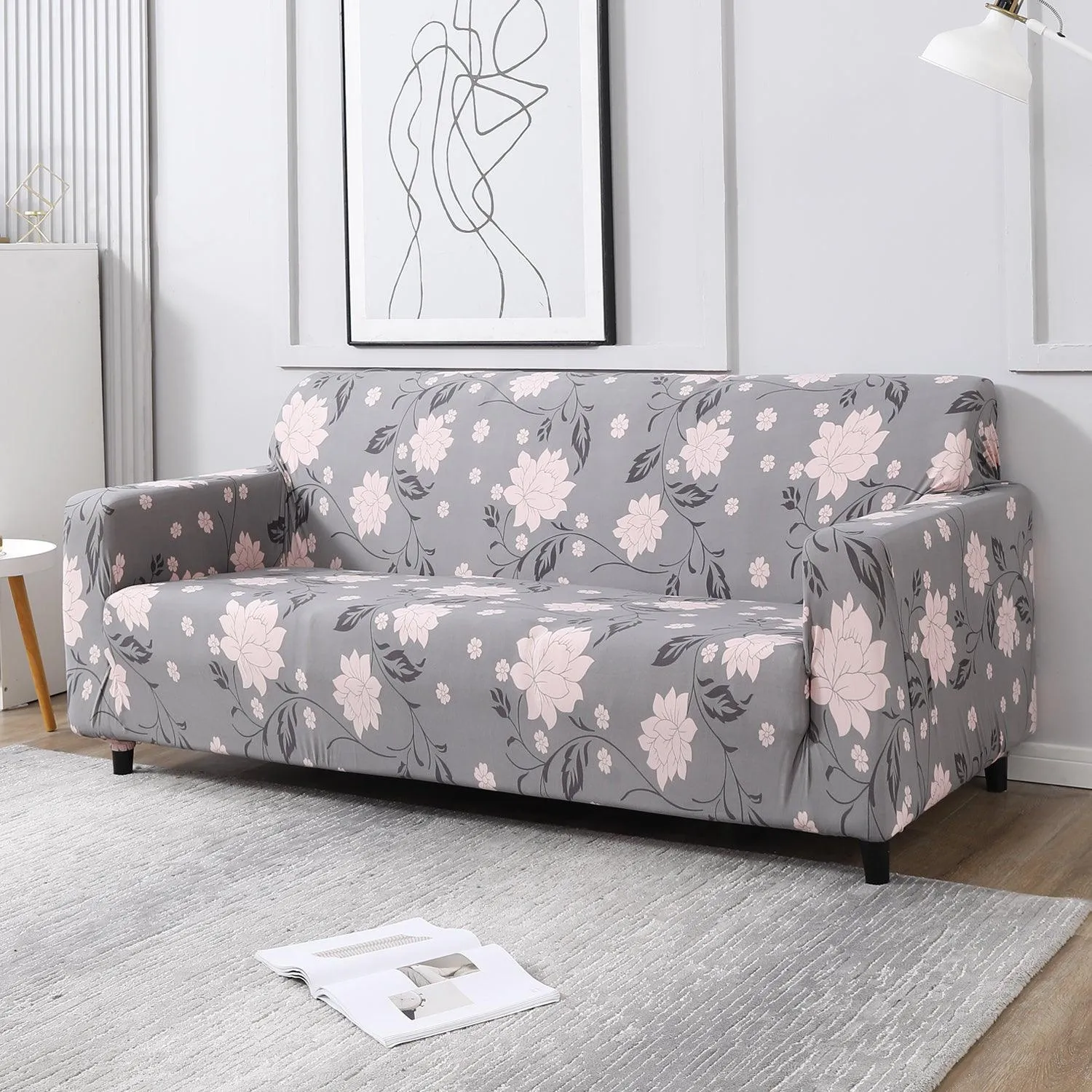 Elastic Stretchable Printed Sofa Cover, Grey Dahila