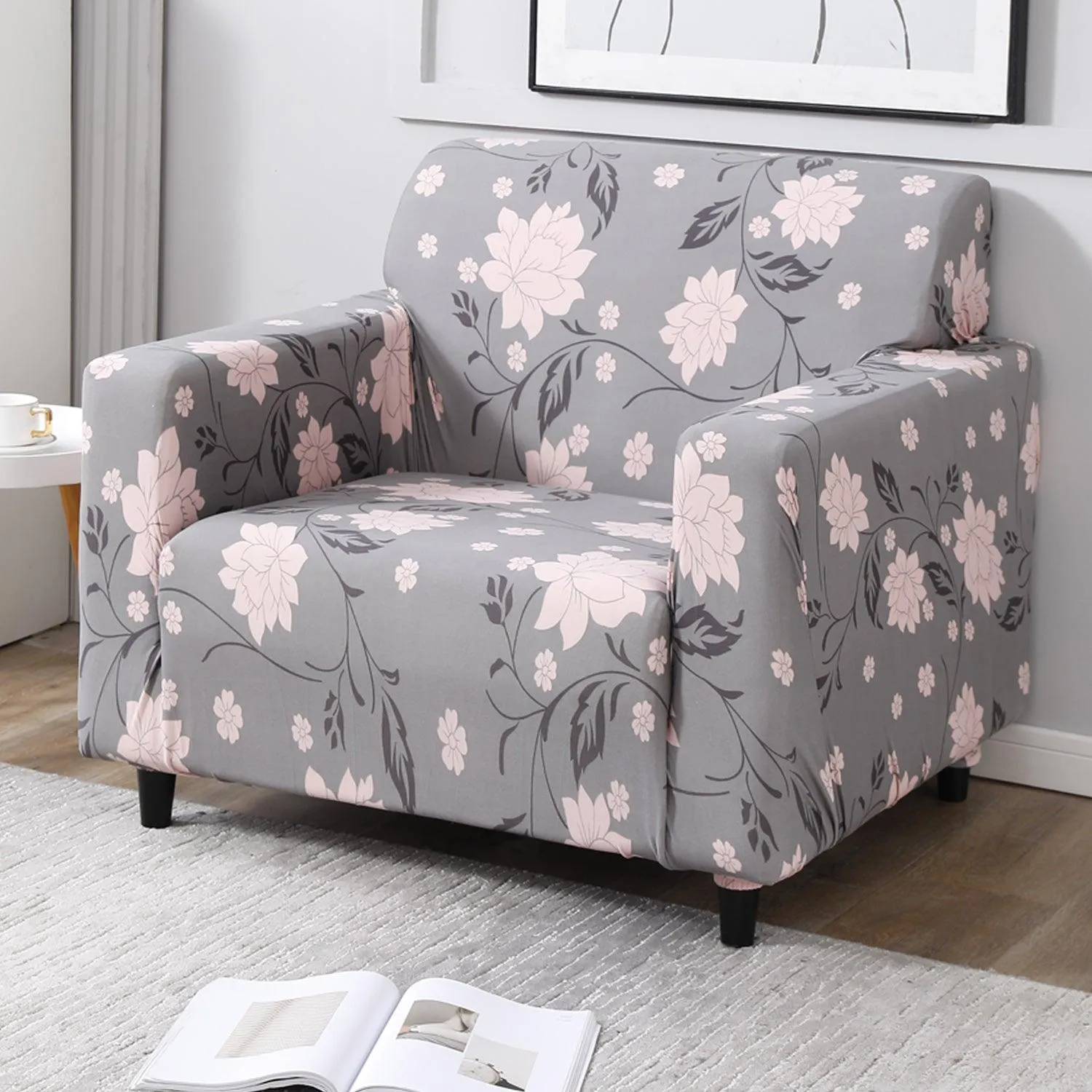Elastic Stretchable Printed Sofa Cover, Grey Dahila