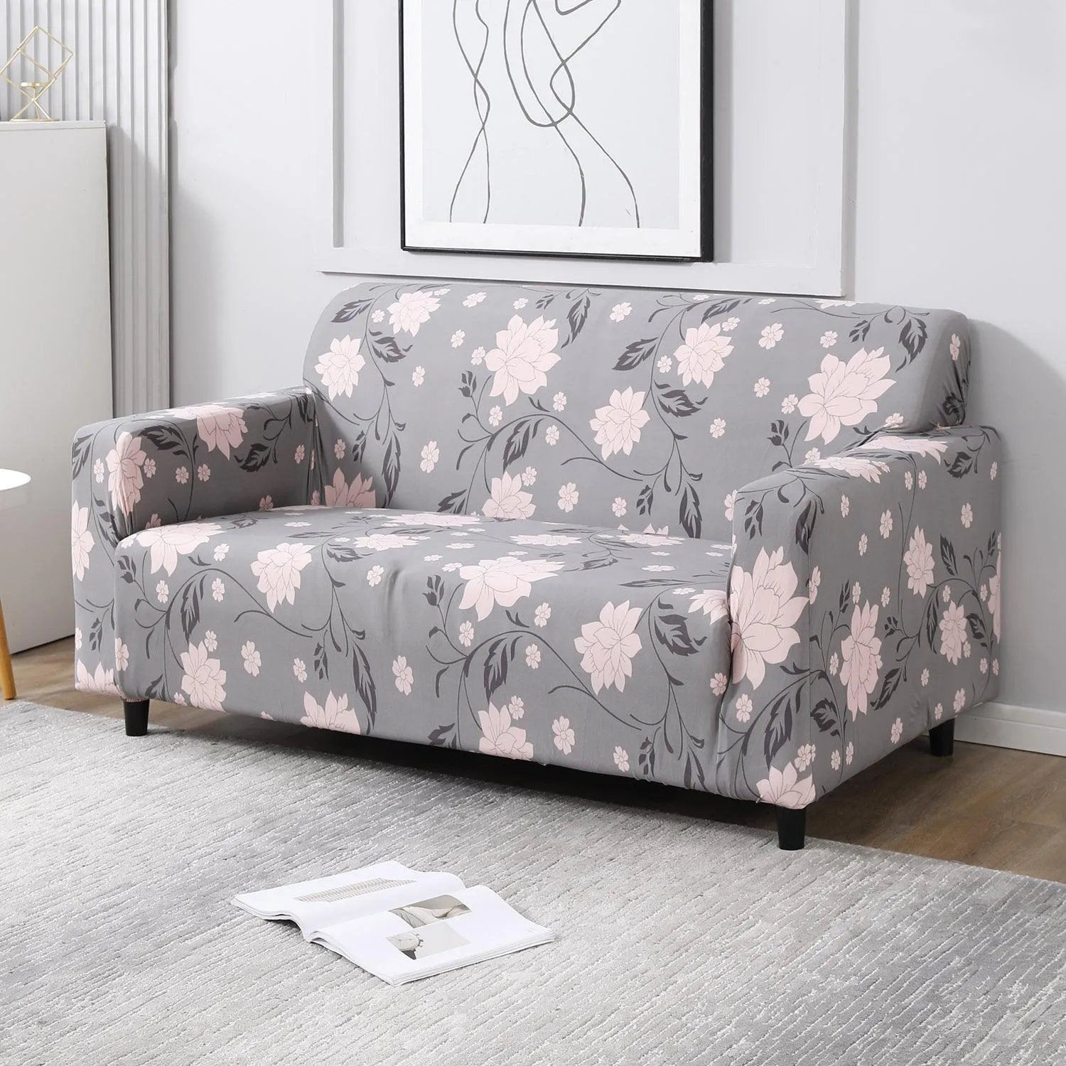Elastic Stretchable Printed Sofa Cover, Grey Dahila