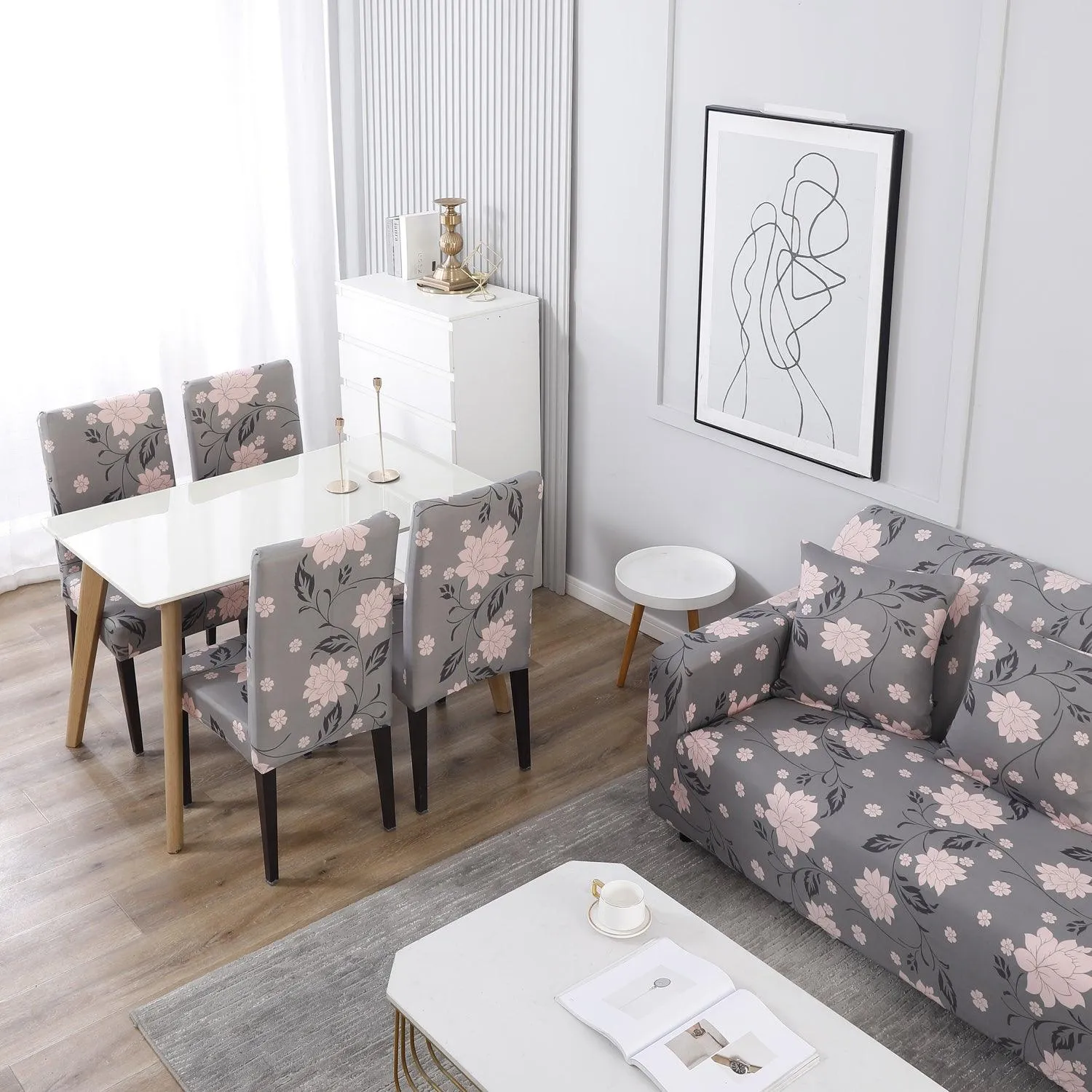 Elastic Stretchable Printed Sofa Cover, Grey Dahila