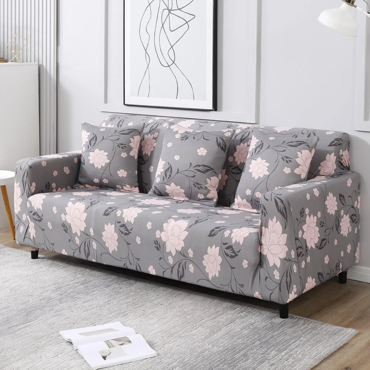 Elastic Stretchable Printed Sofa Cover, Grey Dahila